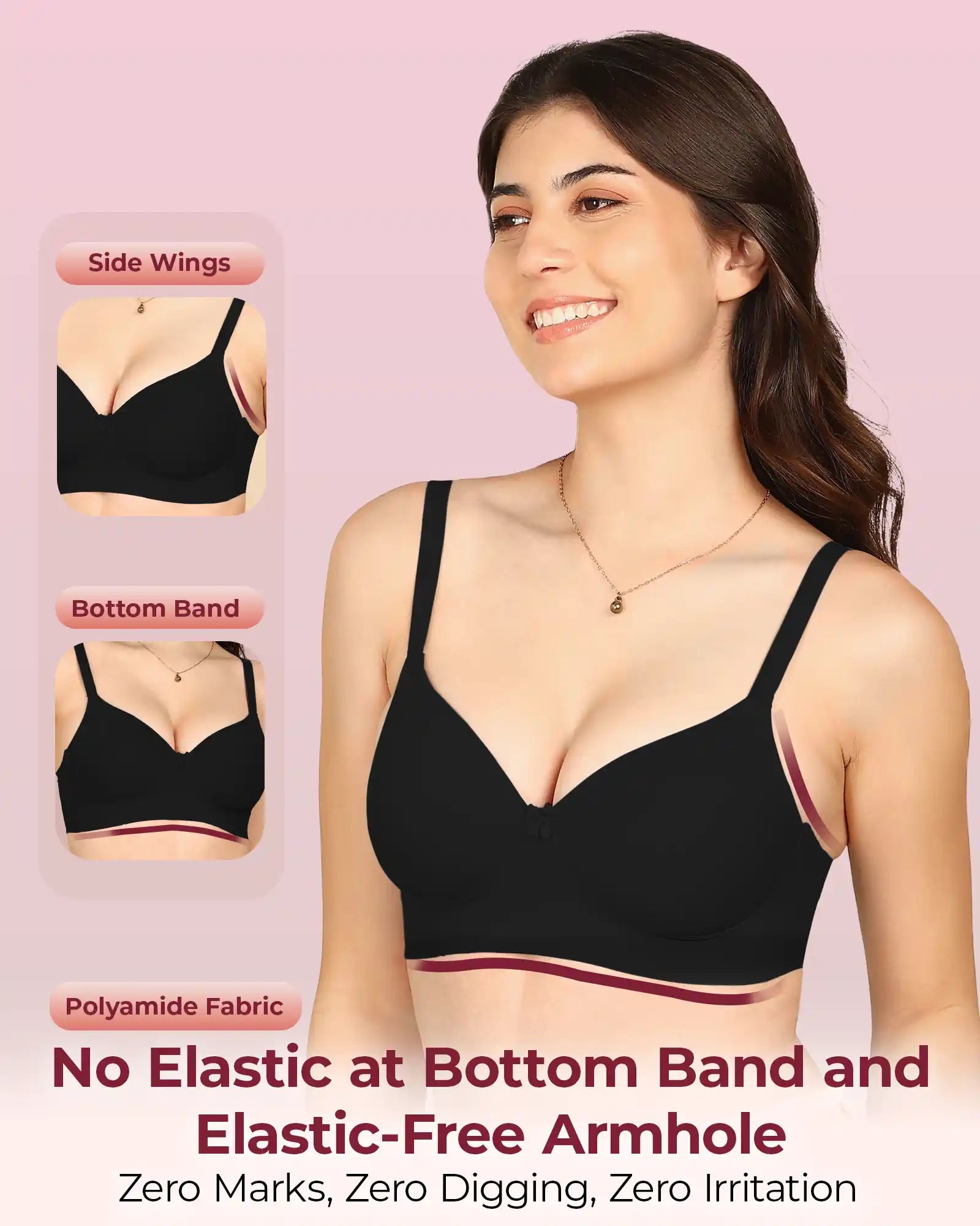 Joomie Bonded Polyamide Full Coverage Padded Bra (Level 1 Padding (KB-5991-BLACK)