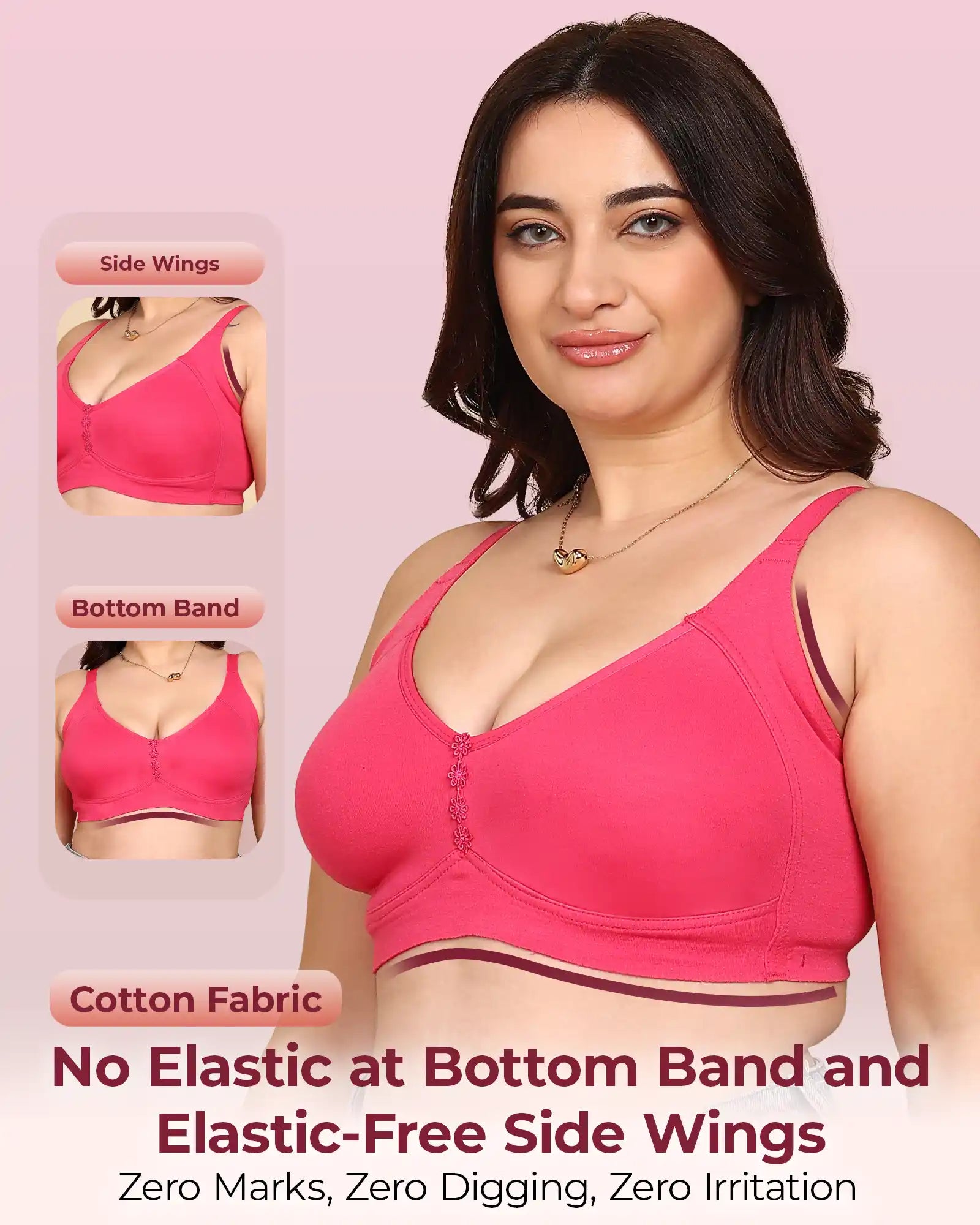 Joomie Bonded Breathable Cotton Plus Size M-Frame Minimiser Non-Padded Bra (KB-405-DARK PINK)