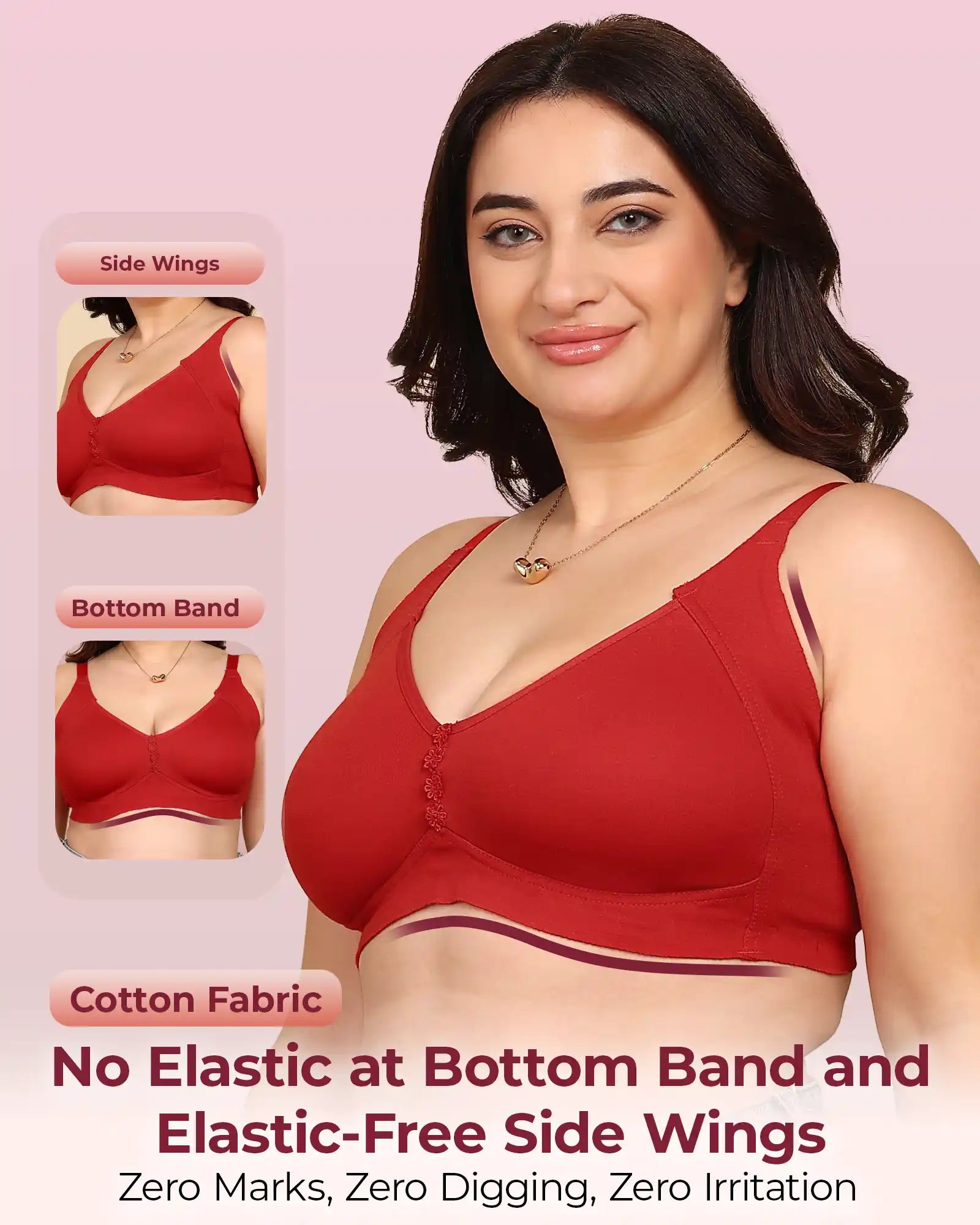 Joomie Bonded Breathable Cotton Plus Size M-Frame Minimiser Non-Padded Bra (KB-405-RED)