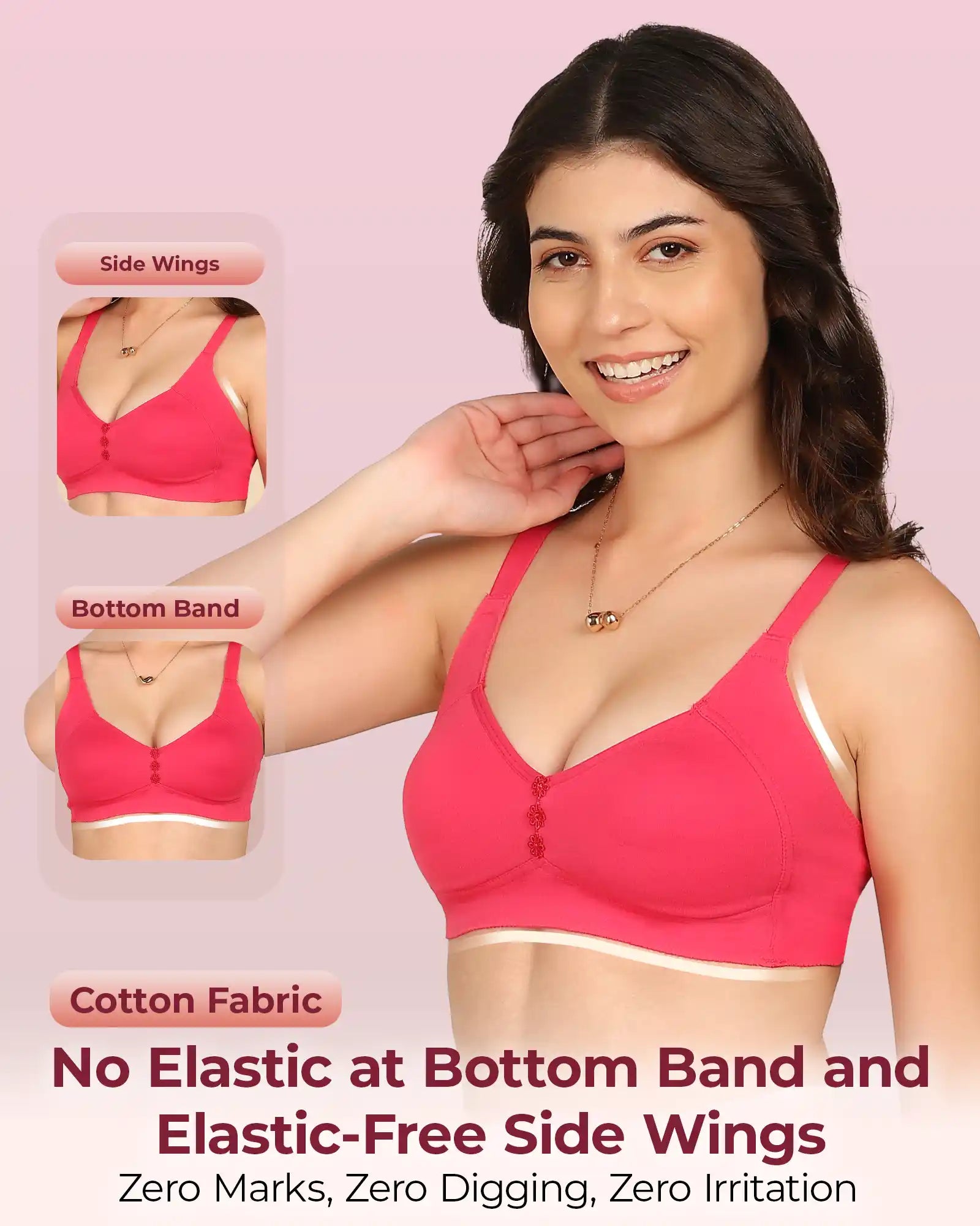 Joomie Bonded Breathable Cotton Plus Size M-Frame Minimiser Non-Padded Bra (KB-405-DARK PINK)