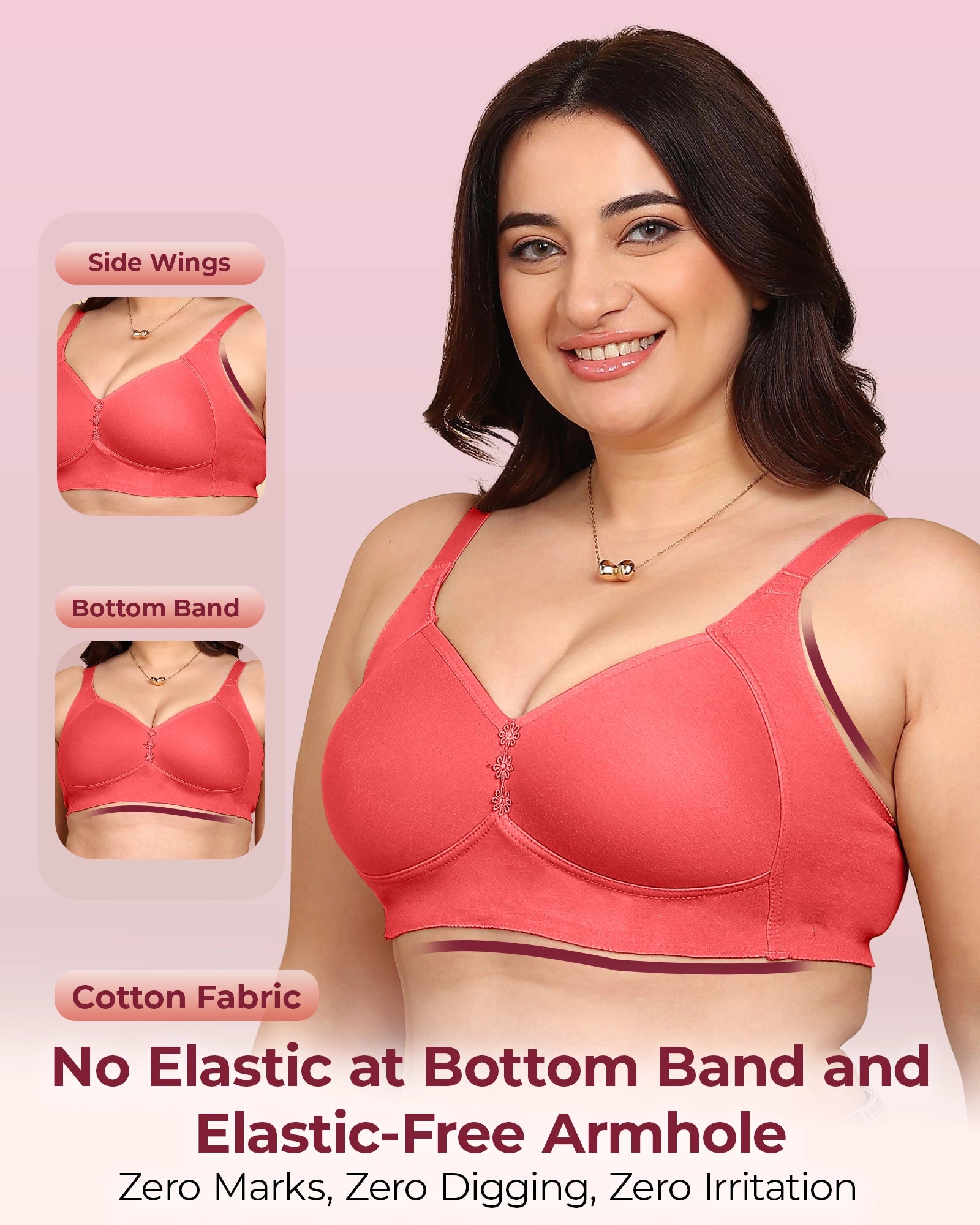 Joomie Bonded Breathable Cotton Plus Size M-Frame Minimiser Padded Bra (KB-408-CORAL)