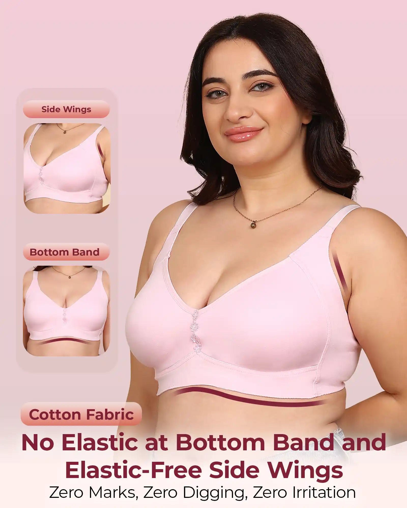 Joomie Bonded Breathable Cotton Plus Size M-Frame Minimiser Non-Padded Bra (KB-405-PINK)